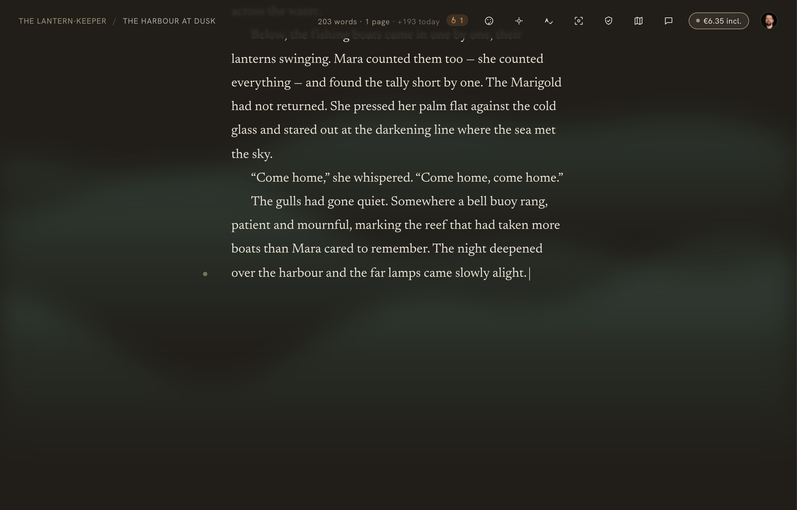 The Aurora ambience — soft bands of light deepening behind the manuscript