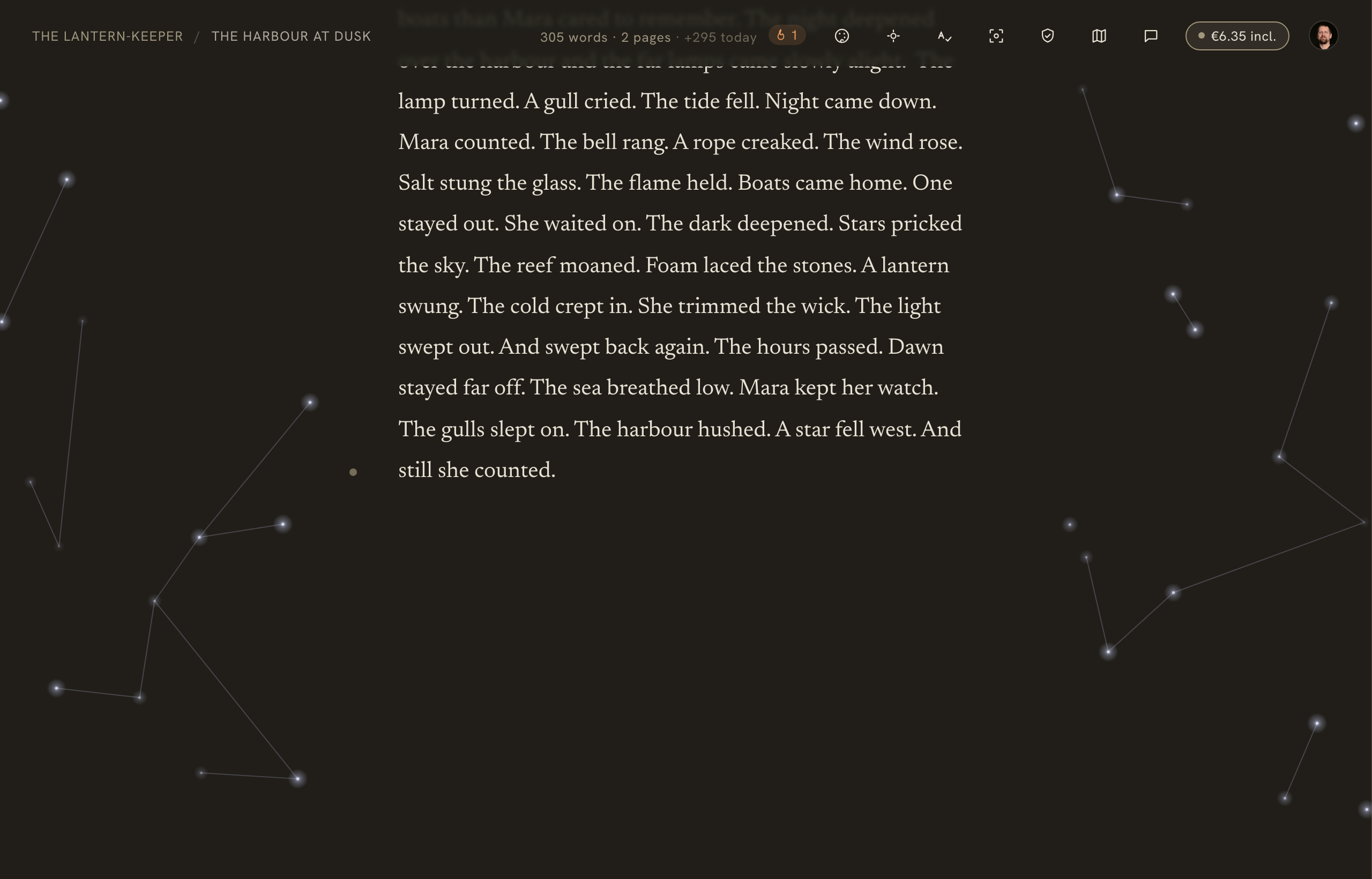 The Constellation ambience — faint stars linking into a constellation around the prose