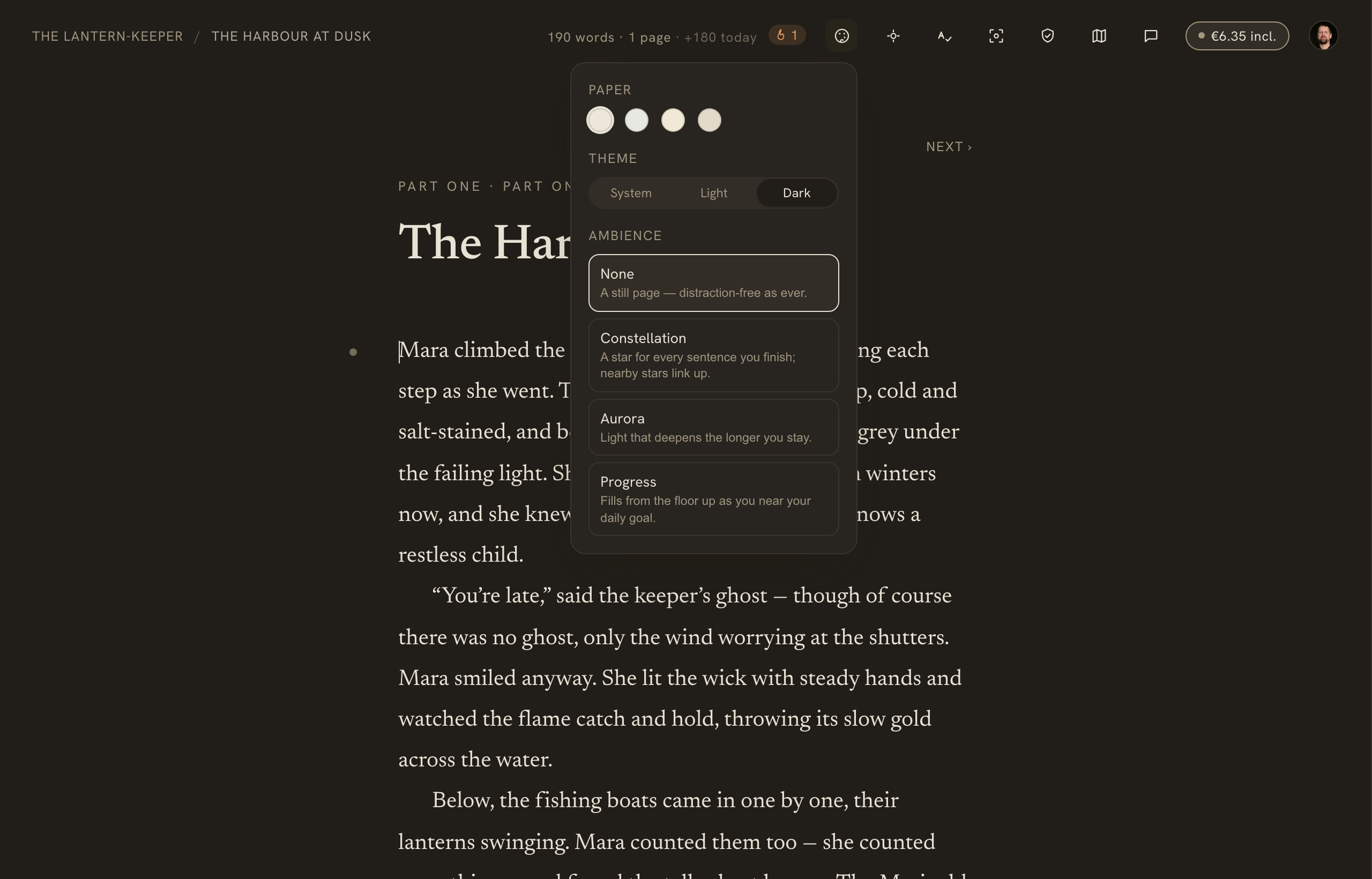 The Appearance menu — paper, theme, and the ambience options with an intensity dial