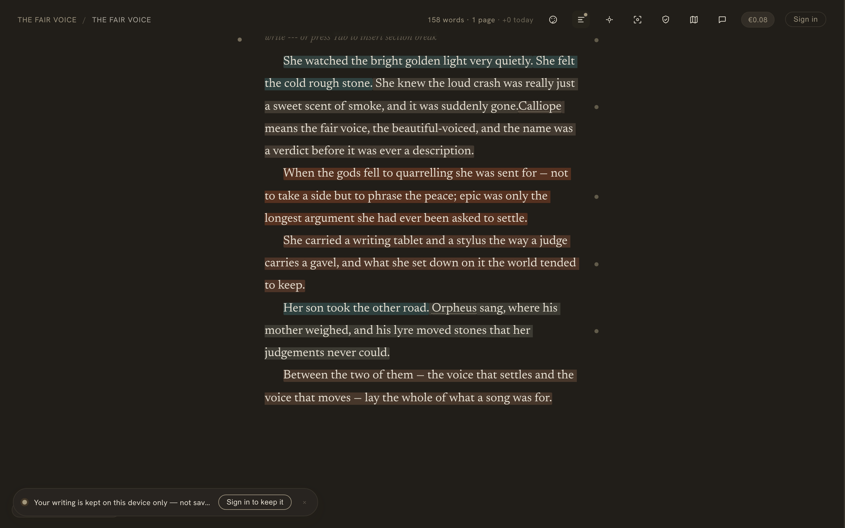 The Rhythm lens — every sentence tinted by length on a cool-to-warm scale across the page