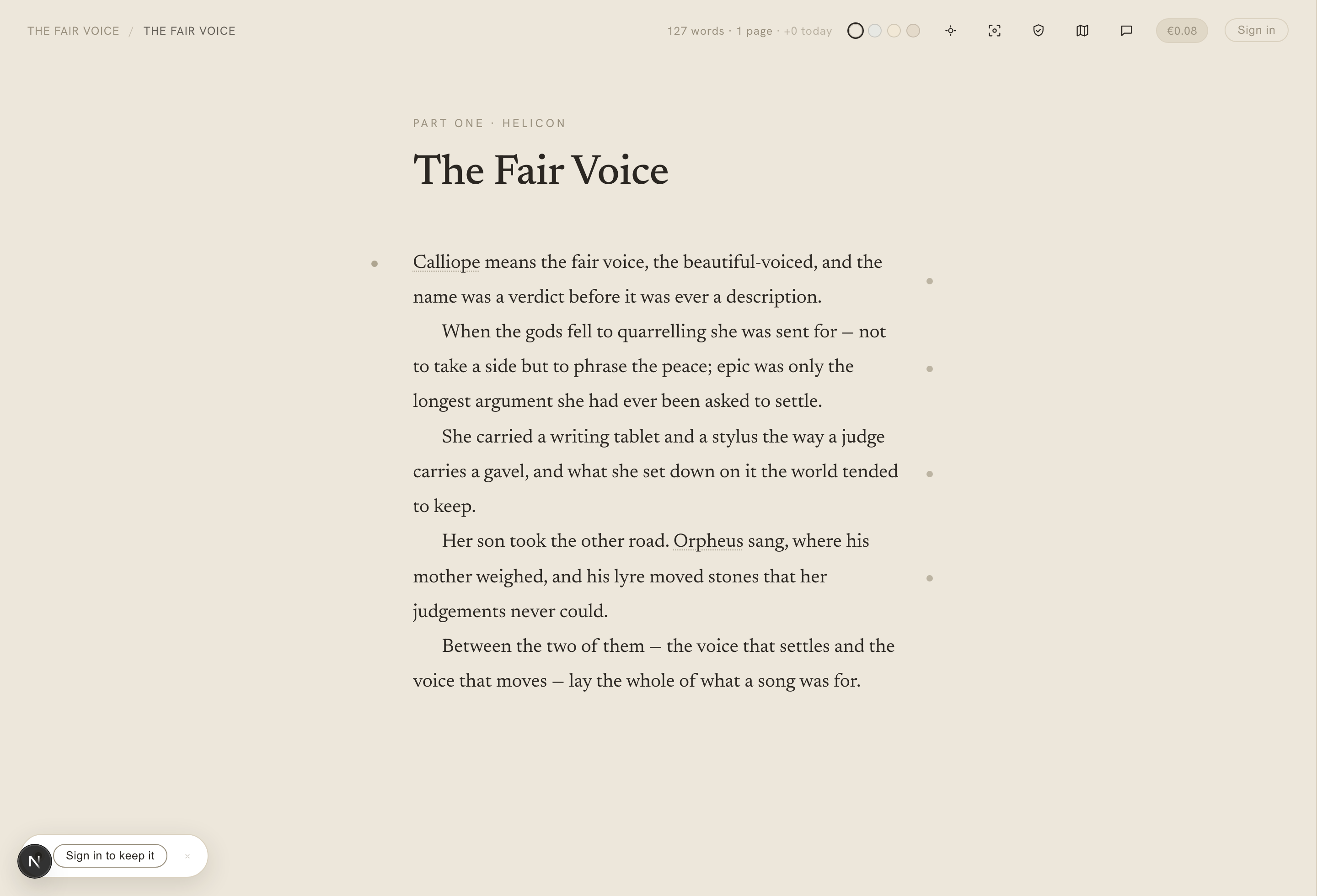 The Calliope writing canvas with book typography, gutter dots, and recognised names