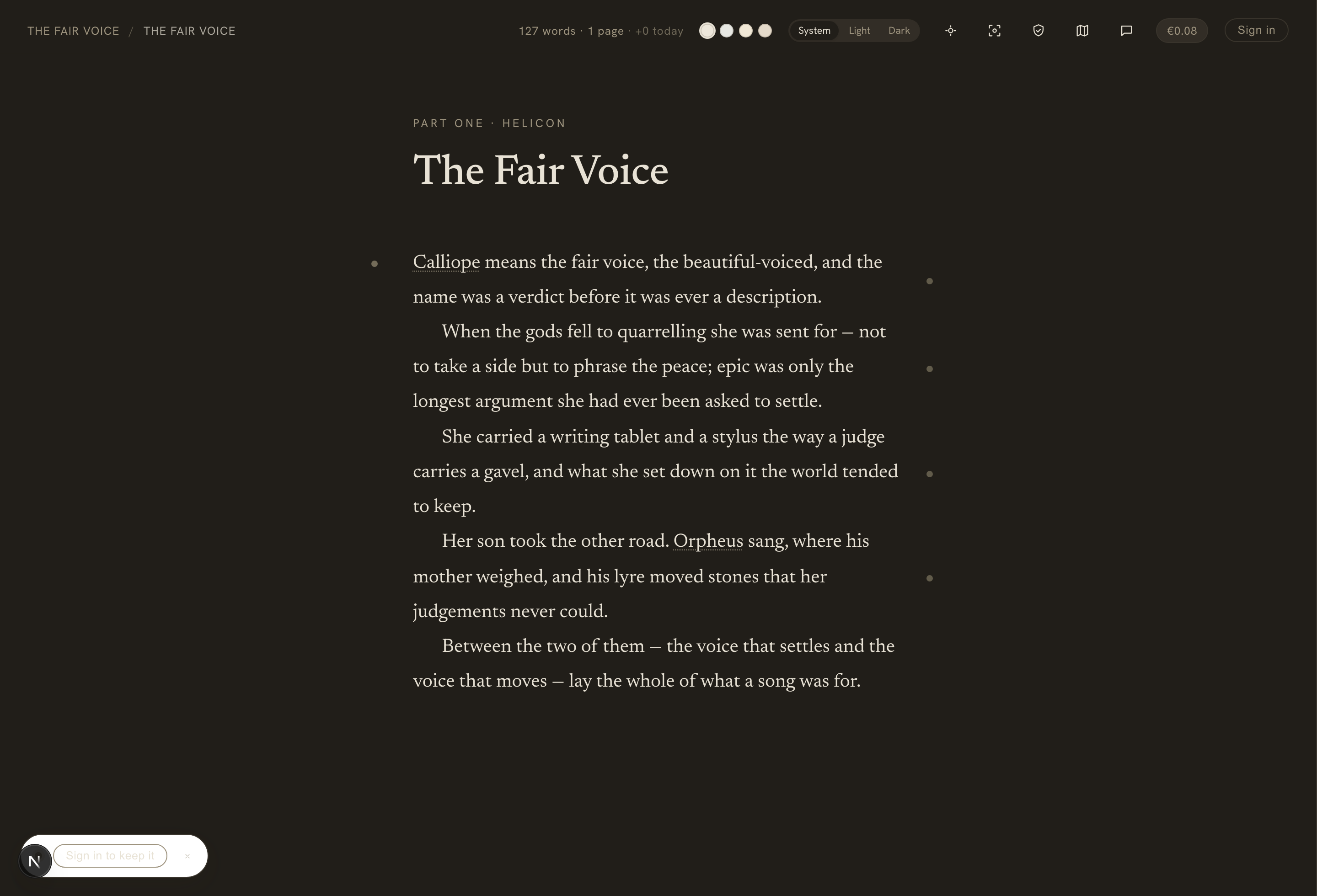 The Calliope editor in dark mode — dark Oat paper, with the System / Light / Dark control in the top bar