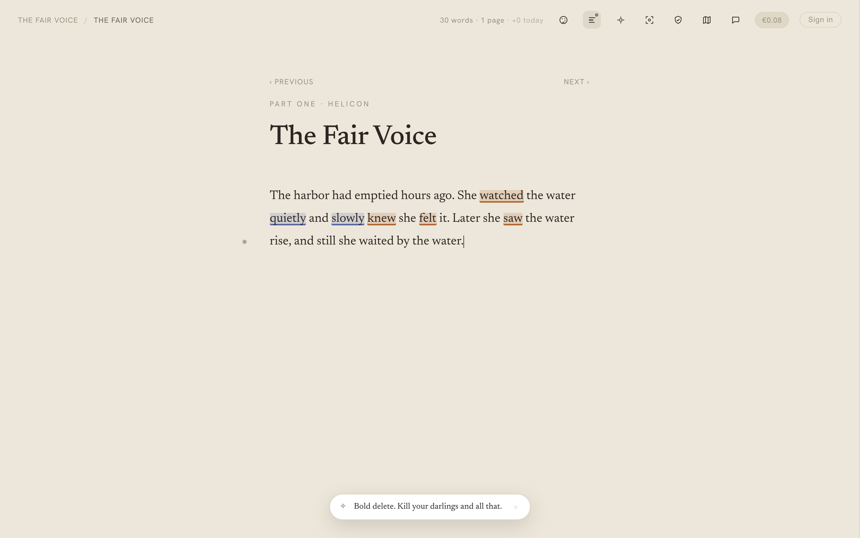 Craft lenses tinting adverbs and filter words across a paragraph in the Calliope editor.