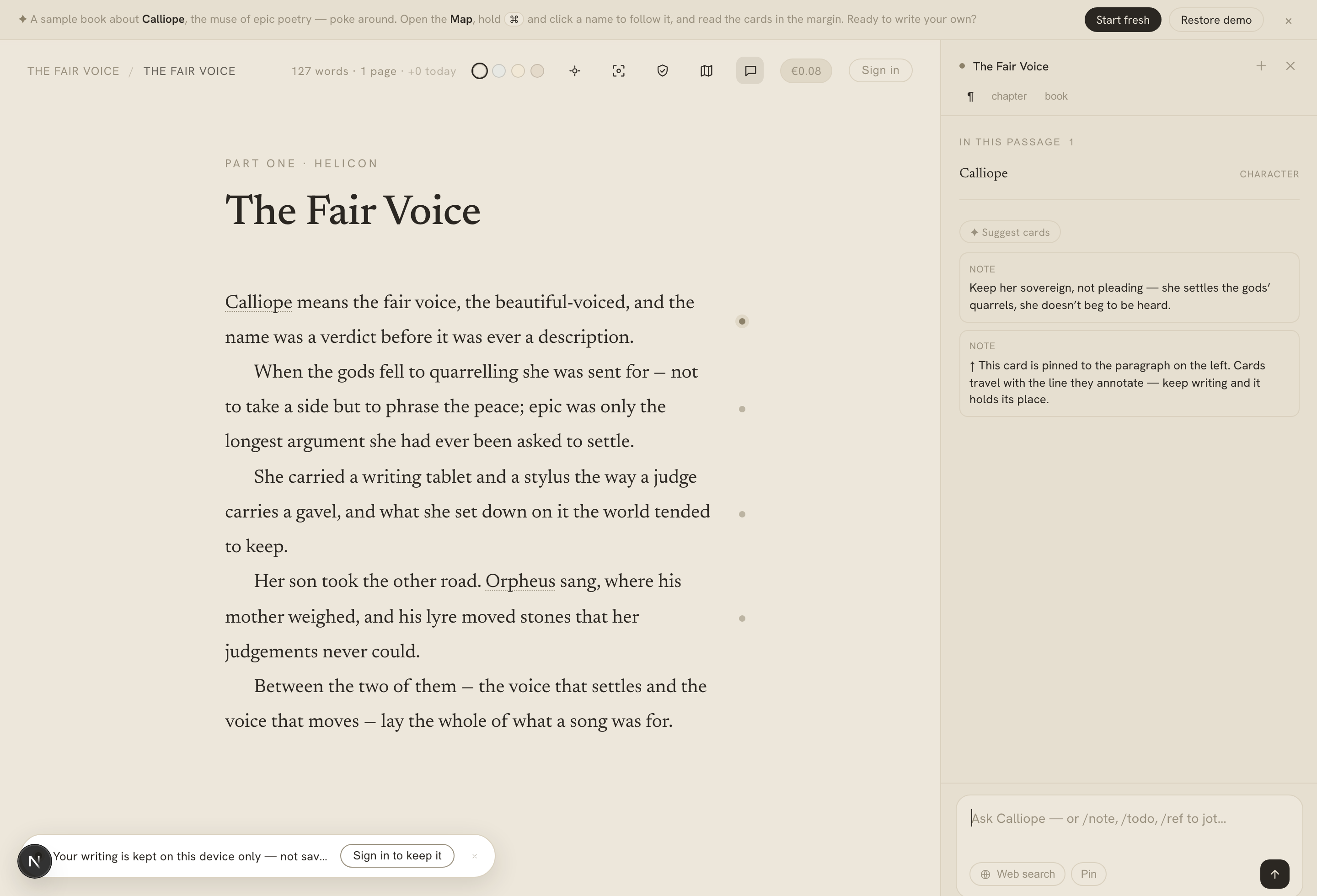 The Calliope marginalia pane open beside a paragraph, showing note cards and the facts in the passage